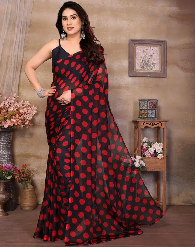Georgette Saree for Women, Polka Dot (Black, Free Size)