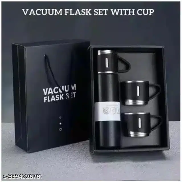 Stainless Steel Flask Bottle with 3 Pcs Cups, Black, Set of 1