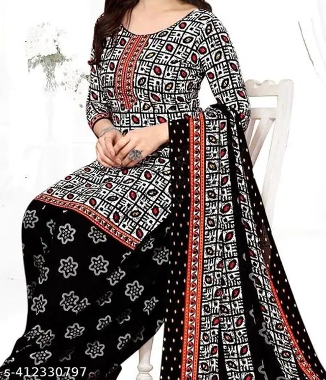 Crepe Printed Unstitched Suits Fabrics for Women (Black & White, 2.25 m)
