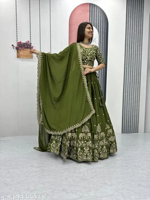 Lehenga Choli for Women (Mehndi, Semi Stitched)