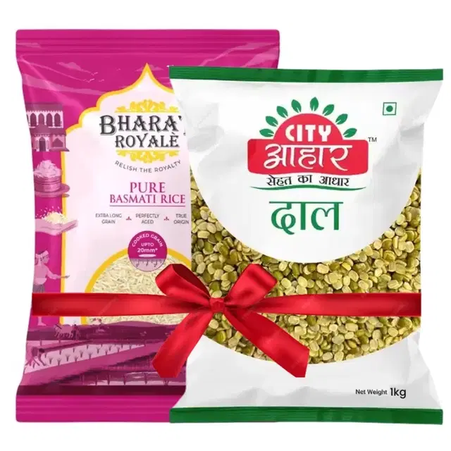 Bharat Royale Pure Basmati Rice 900 g + City Aahar Moong Chilka 1 kg
