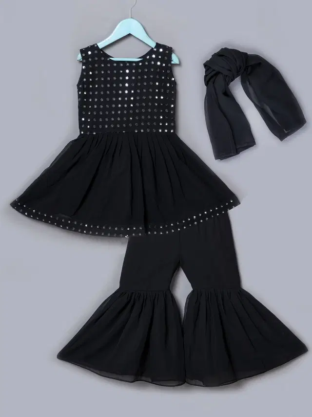 Georgette Embroidered Kurti with Sharara & Dupatta for Girls (Black, 2-3 Years)