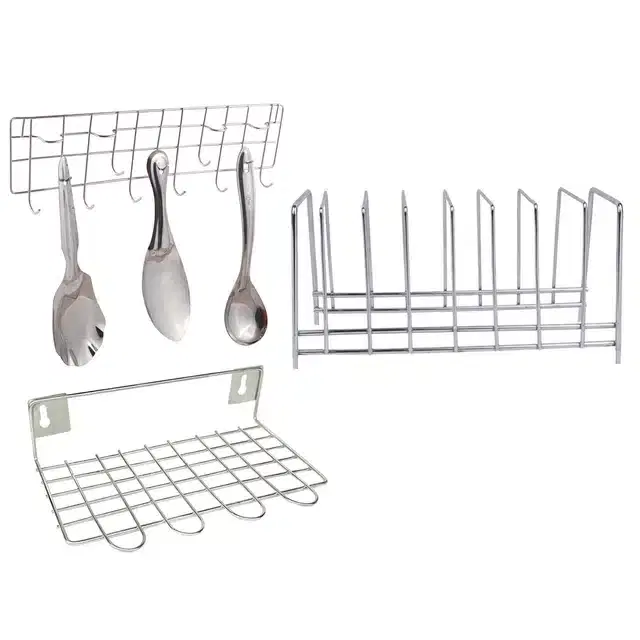 Stainless Steel Plate Stand & Wall Mounted Ladle Rail with Ladle Stand, Set of 3, Silver