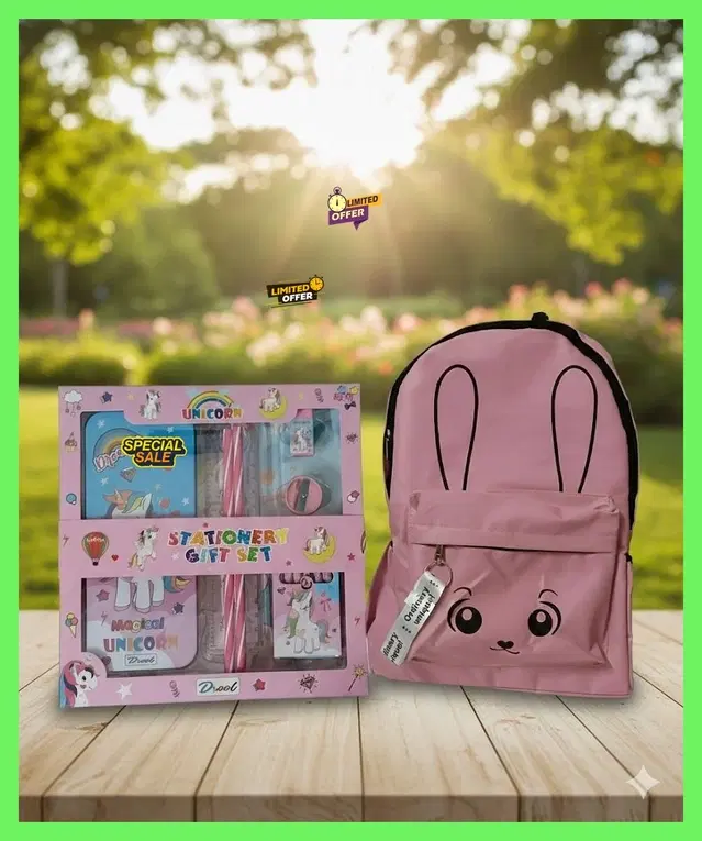 Polyester Backpack with Stationery Kit for Kids, Multicolour, Set of 1