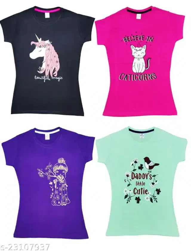 Cotton Half Sleeves T-Shirt for Girls, Pack of 4 (Multicolor, 2-3 Years)