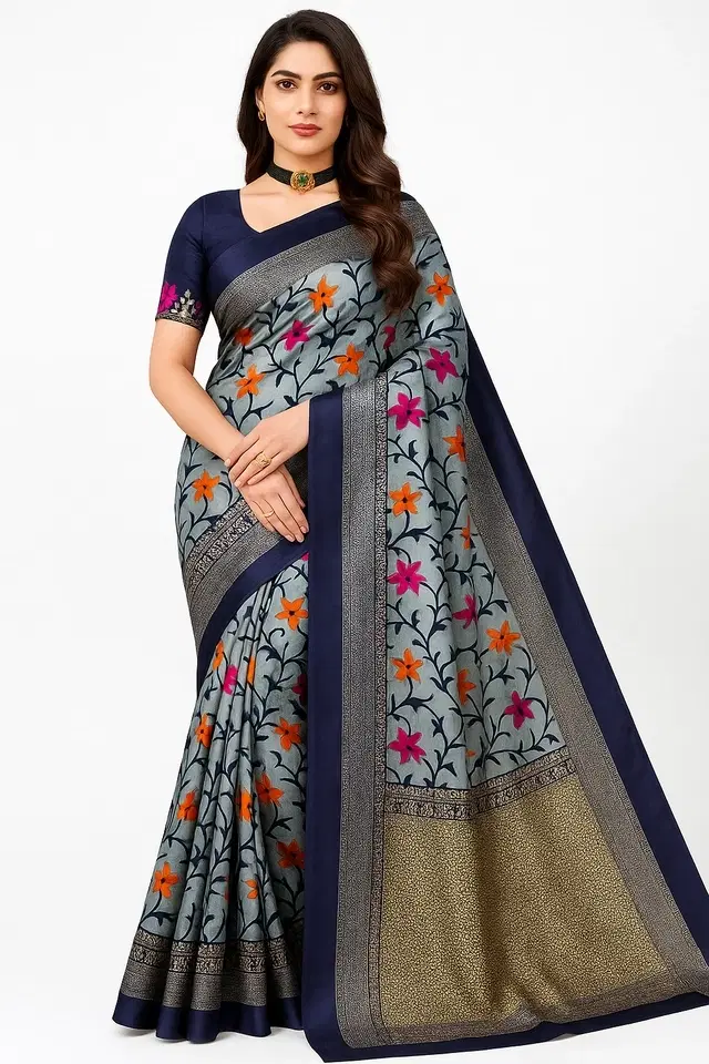 Art Silk Floral Print Saree for Women, Blue