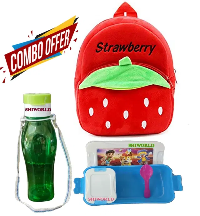 Combo of Fabric School Bag, Water Bottle with Lunch Box for Kids, Multicolor, Set of 3