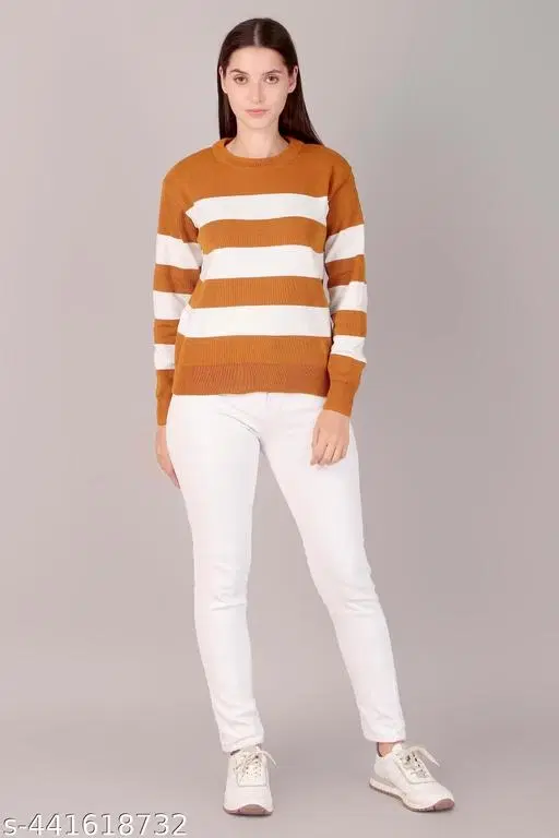 Acrylic Sweater for Women (Yellow & White, L)