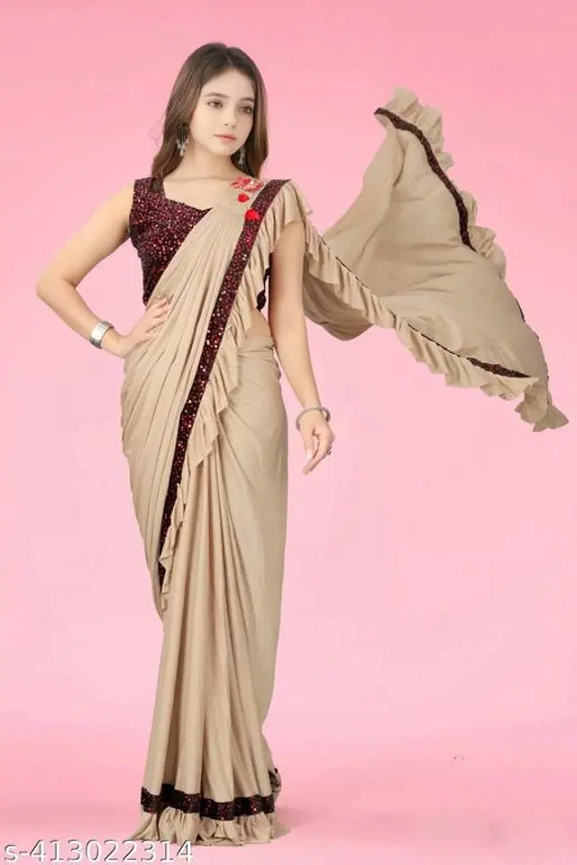 Solid Fancy Saree for Girls with Blouse (Beige, 10-11 Years)