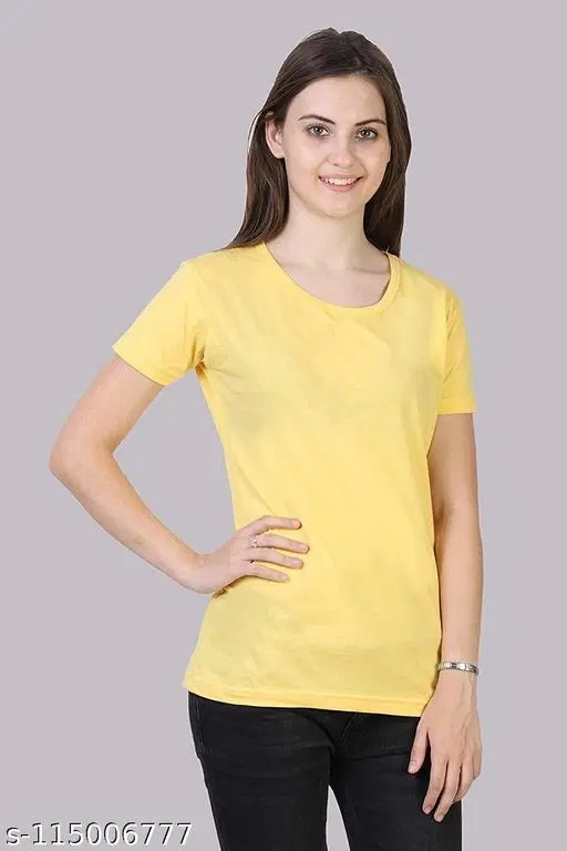 Cotton Solid T-Shirt for Women, Yellow (S)