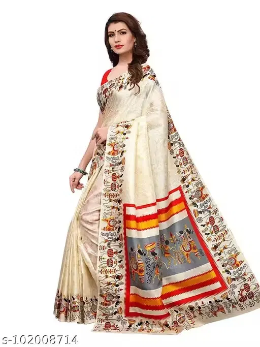 Art Silk Printed Saree for Women, White