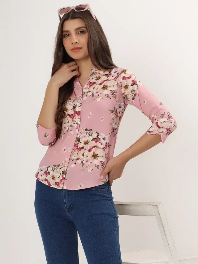 Rayon Printed Shirt for Women, Pink (XXL)