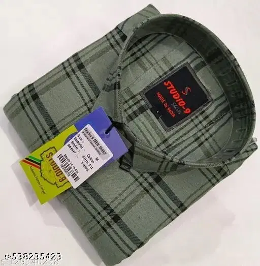 Cotton Blend Checked Shirt for Men, Olive (L)