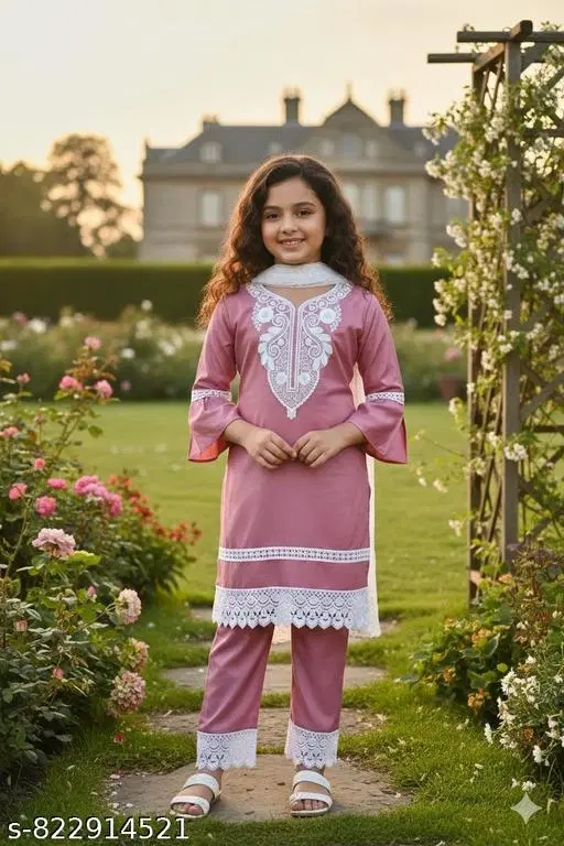 Embroidered Rayon Kurta Set for Girls (Pink, 6-7 Years)