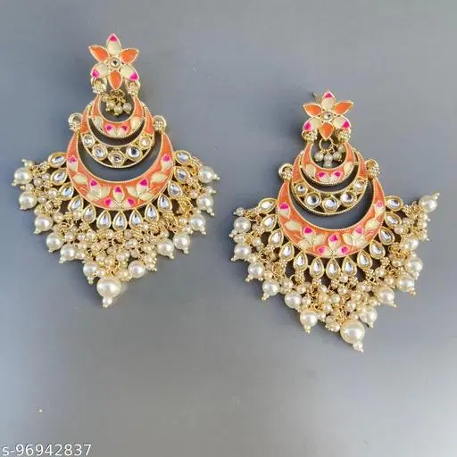 Premium Meenakari Chandbali earring for Women (Peach, Free Size)