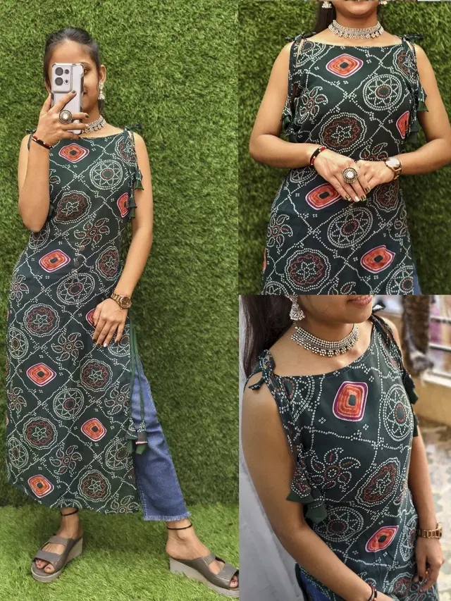 Side Cut Georgette Kurti for Women (Green, S)