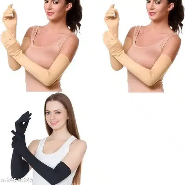 Full Sleeves Hand Gloves for Women, Set of 3 (Black & Beige)