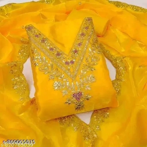 Organza Embroidered Punjabi Suits for Women (Yellow, Un Stitched)