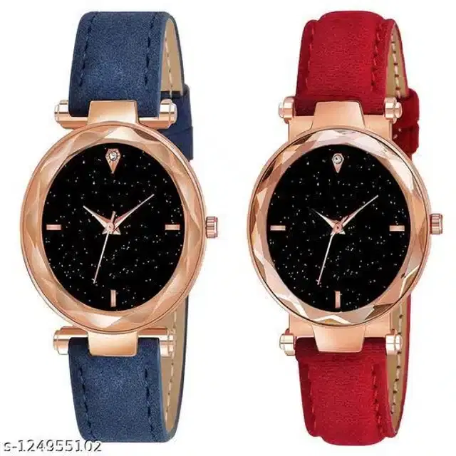 Analog Watch for Women, Pack of 2 (Red & Navy Blue)