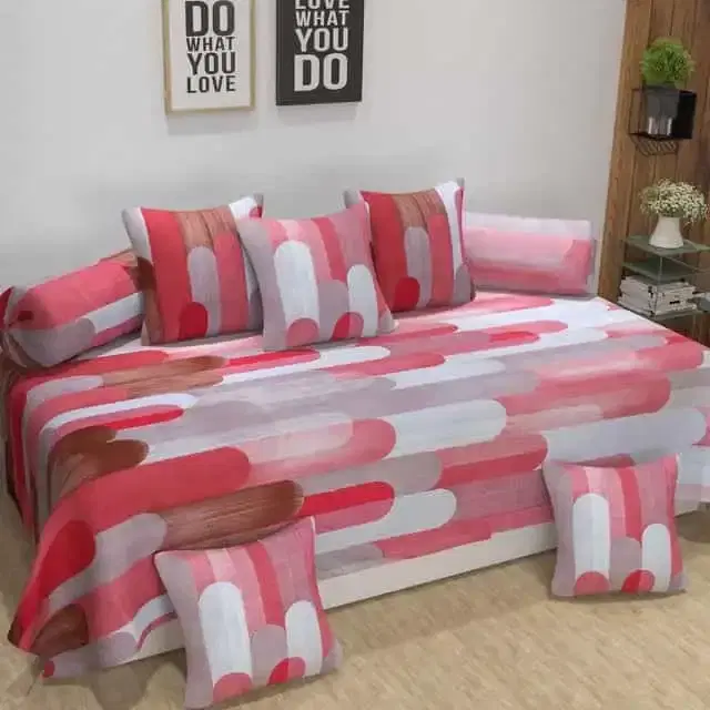 Adirav Polycotton Feel Single Bed Sheet, 2 Bolster covers & 5 Cushion Covers, Peach, ADRV-DW-60