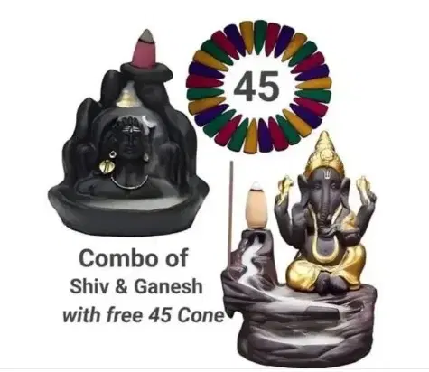 Combo of Handcrafted Adiyogi Mahadev & Ganeshji Backflow Incense Cone Holder with Free 45 Pcs Cones, Multicolor, Set of 3