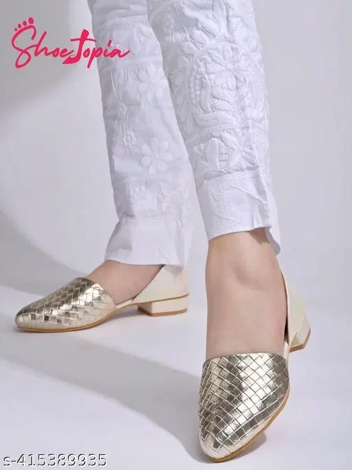 Textured Synthetic Ballerinas for Women (Gold, IND-3)