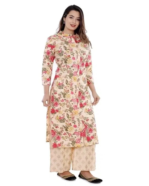 Cotton Blend Floral Print Kurti for Women, Beige (S)