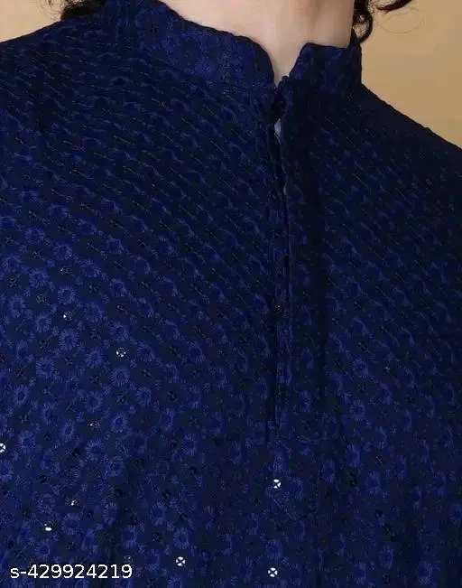 Embroidered Mandarin Neck Kurta for Men (Navy Blue, XXS)