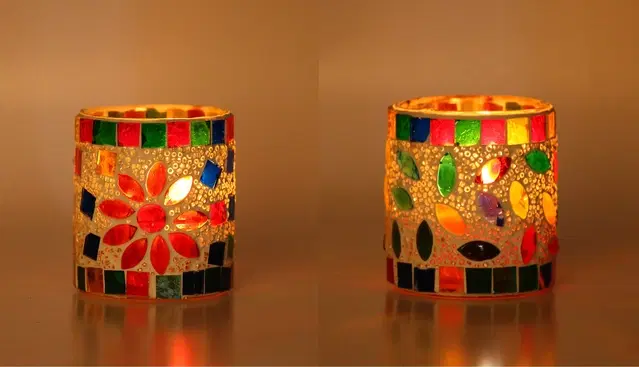 Glass Decorative Tea Light Holders, Multicolor, Pack of 2