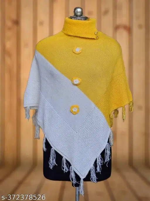 Woolen Poncho for Women (Yellow & White, Free Size)