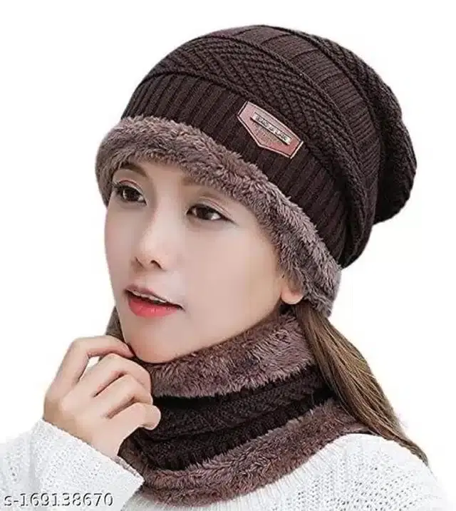 Woolen Winter Beanie Cap with Neck Warmer for Women (Dark Brown, Free Size)