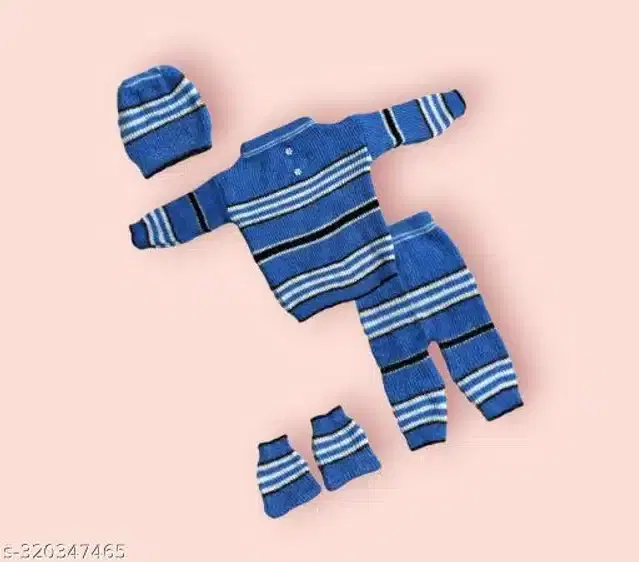 Woolen Striped Sweater with Pyjama & Cap with Socks for Kids (Blue, 0-6 Months)