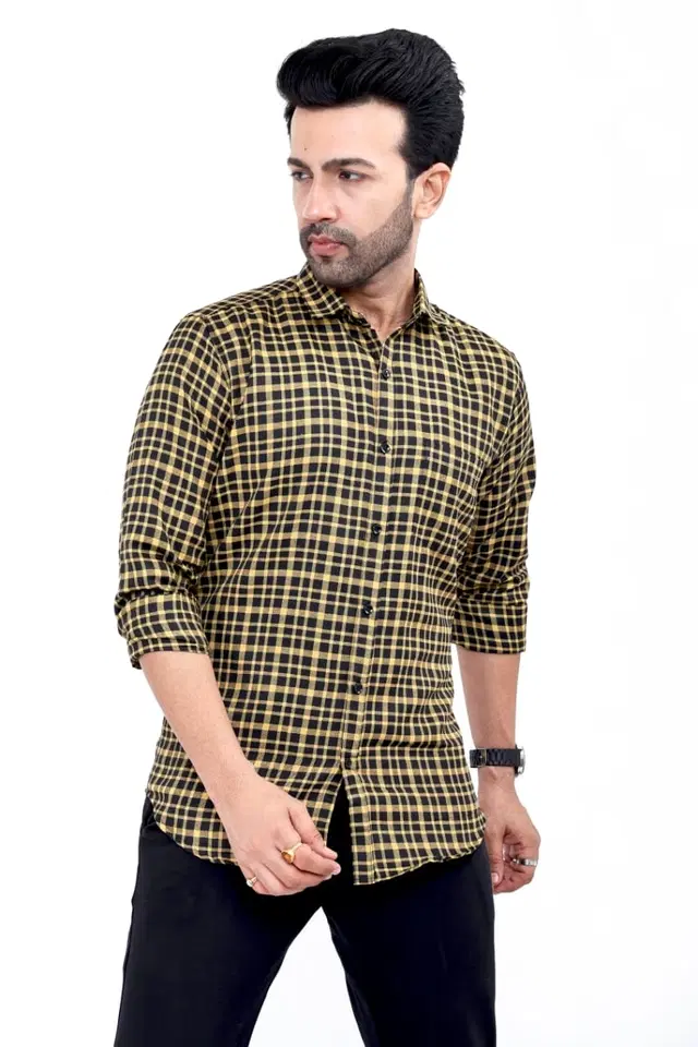 Cotton Blend Checked Shirt for Men, Yellow (M)