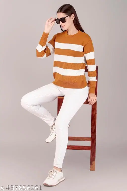 Acrylic Sweater for Women (Yellow & White, L)