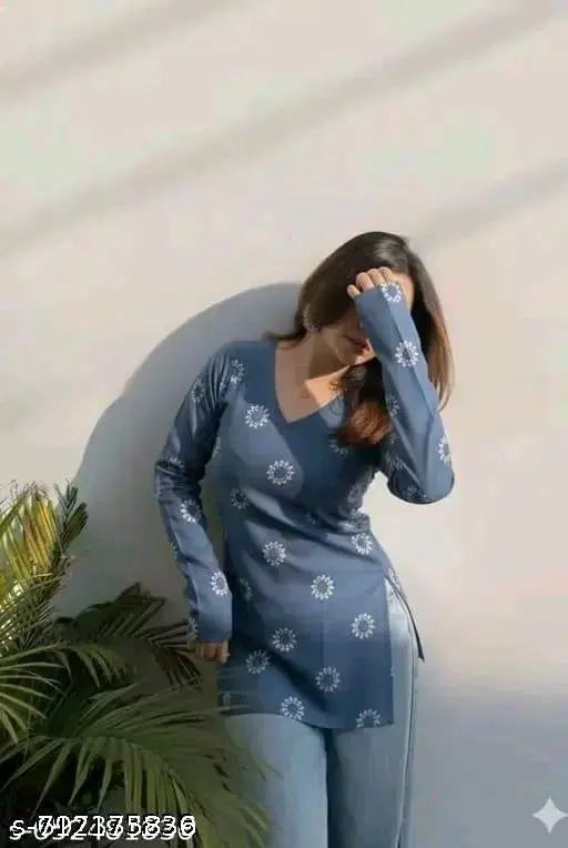 Rayon Printed Short Kurti for Women, Blue (XS)