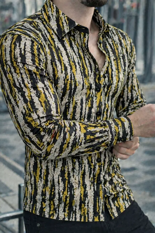 Lycra Geometric Print Shirt for Men, Yellow (S)