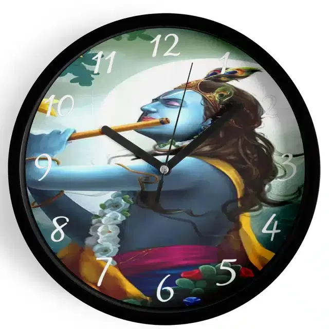 Analog Lord Krishna Wall Clock for Home, Black, 7 Inches
