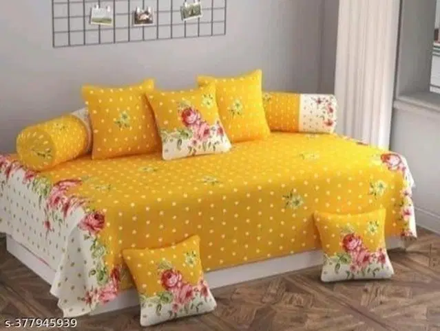 Glace Cotton Printed Diwan Cover Set, Yellow, Pack of 8