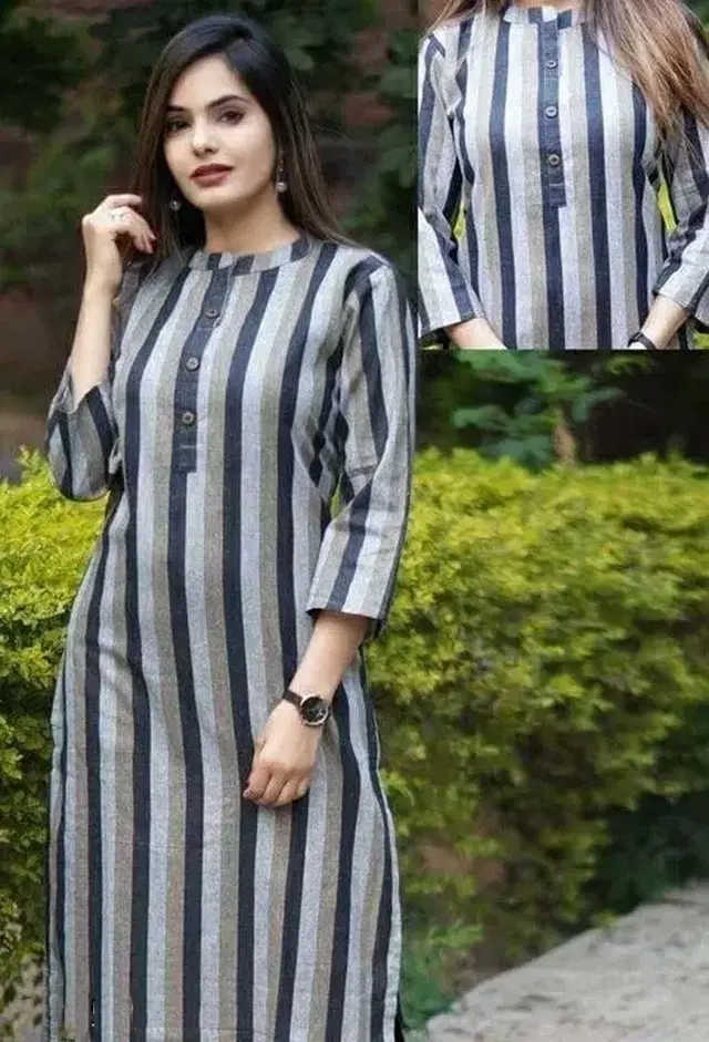 Cotton Blend Striped Kurti for Women, Grey (M)