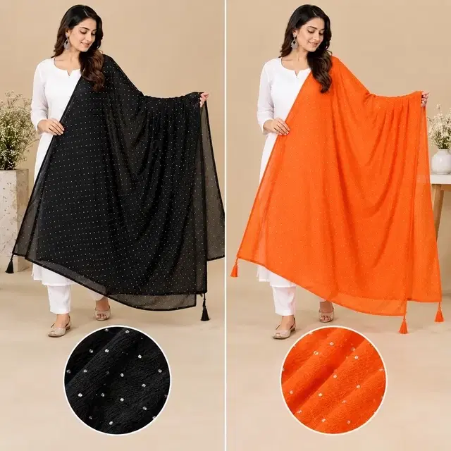 Poly Cotton Dupatta for Women (Black, Orange, Free Size) Pack of 2