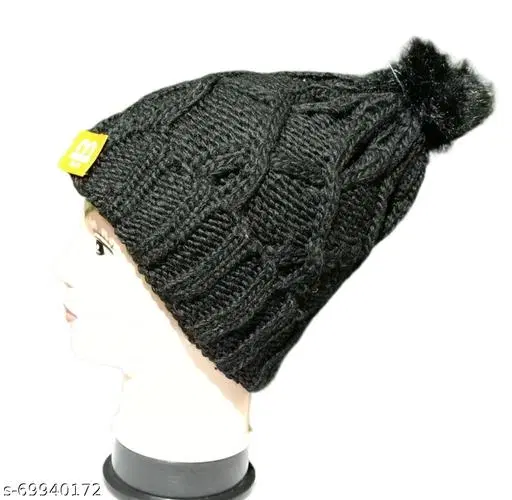Woolen Cap for Women (Black, Free Size)