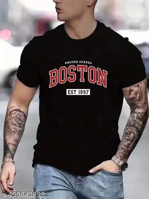 Round Neck Solid T-shirts for Men (Black, M)