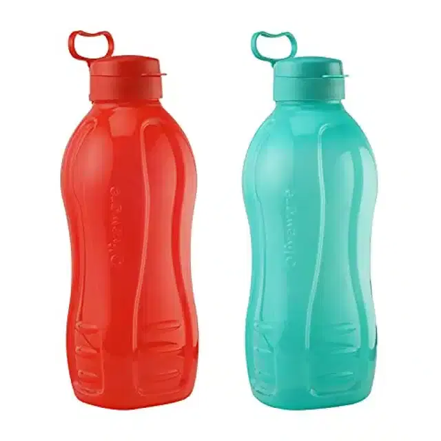 Airtight Plastic Water Bottle with Lid, Red & Sea Green, 2000 ml, Pack of 2