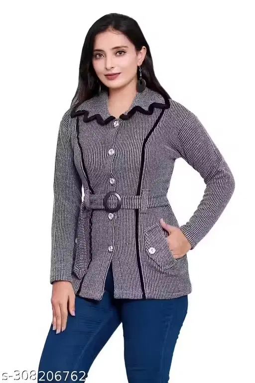Women Self Design Collared Neck Grey Sweater (Free )