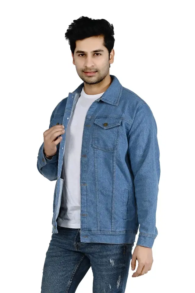 Denim Solid Jacket for Men (Blue, L)