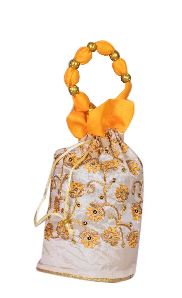 Silk Floral Ethnic Rajasthani Traditional Work Potli with Handle for Return Gifts, Yellow