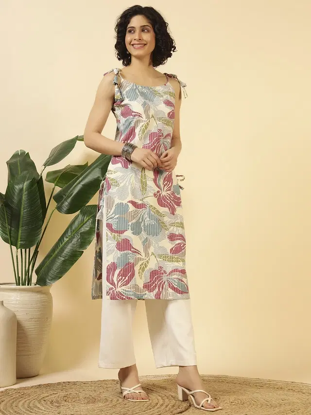 Tie Up Cotton Kurti for Women (Cream, XS)