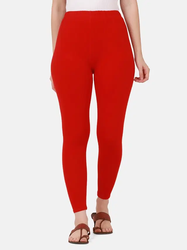 Cotton Solid Leggings for Women (Red, S)