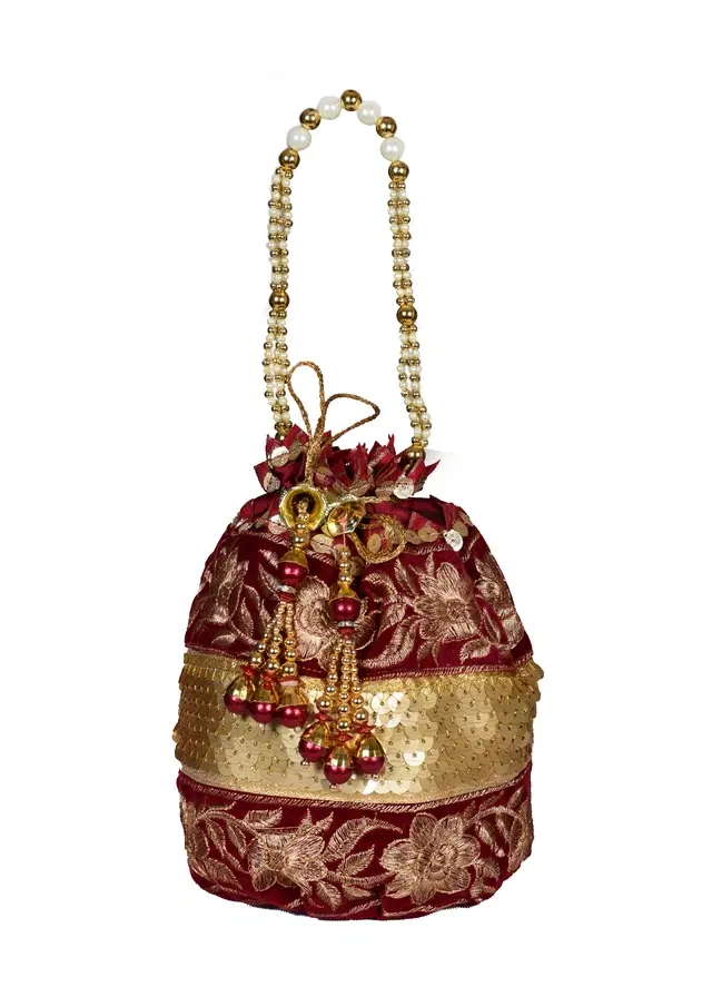 Silk Floral Ethnic Rajasthani Traditional Work Potli with Handle for Return Gifts, Red & Gold