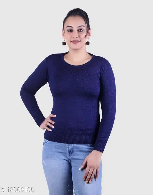 Acrylic Solid Sweater for Women (Navy Blue, M)